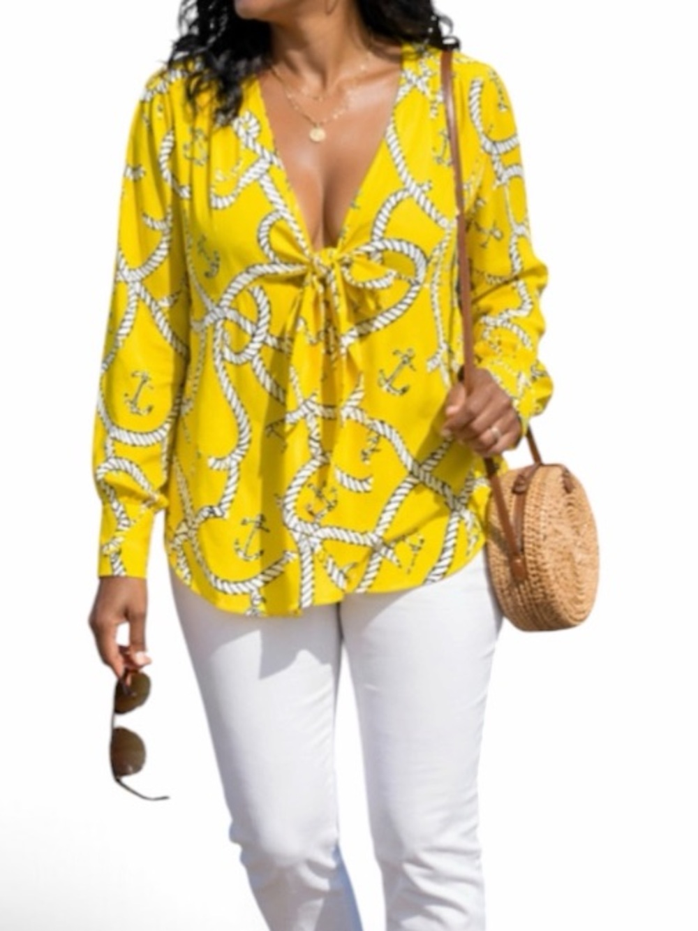 CAbi "Reef Knot" Yellow/Navy/White Knot-Front Nautical Print Blouse #5707 S